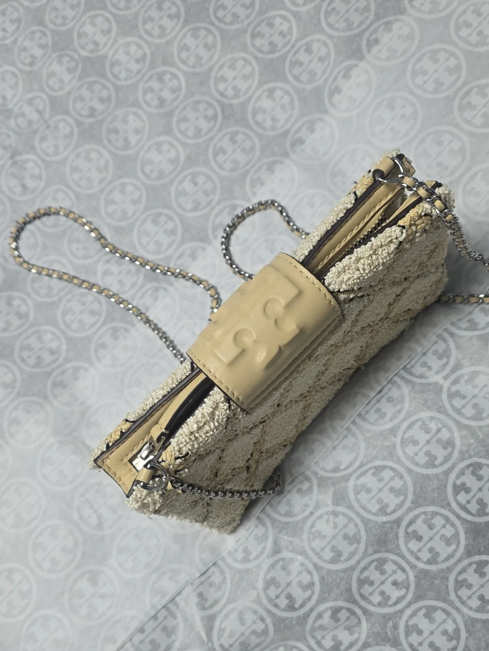 Tory Burch Cream Quilted Shearling Crossbody with Chain Strap